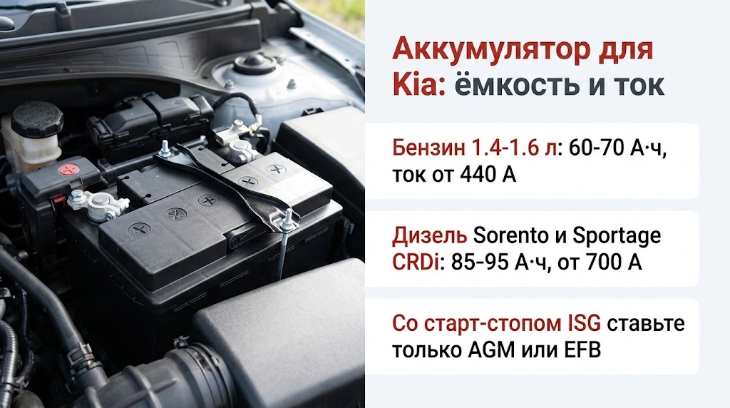 Аккумулятор для Kia: ёмкость и ток